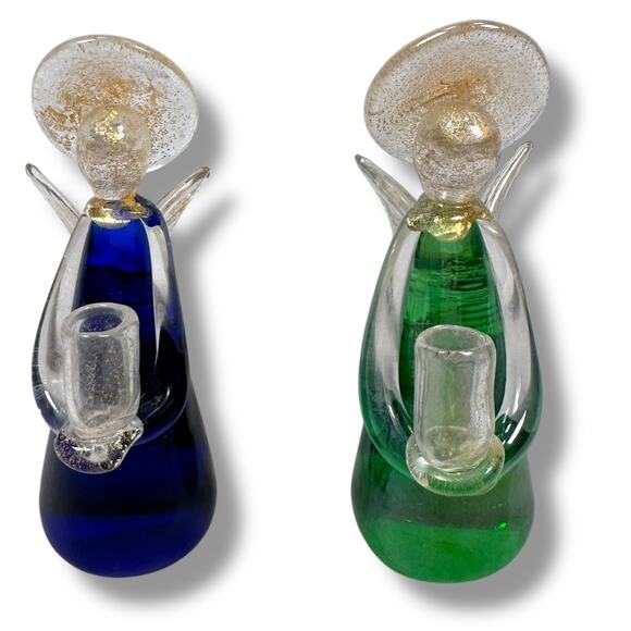 Vintage Murano Glass Angel Candle Stick Holders Blue Green Set 2 Gold Fleck - Picture 1 of 10